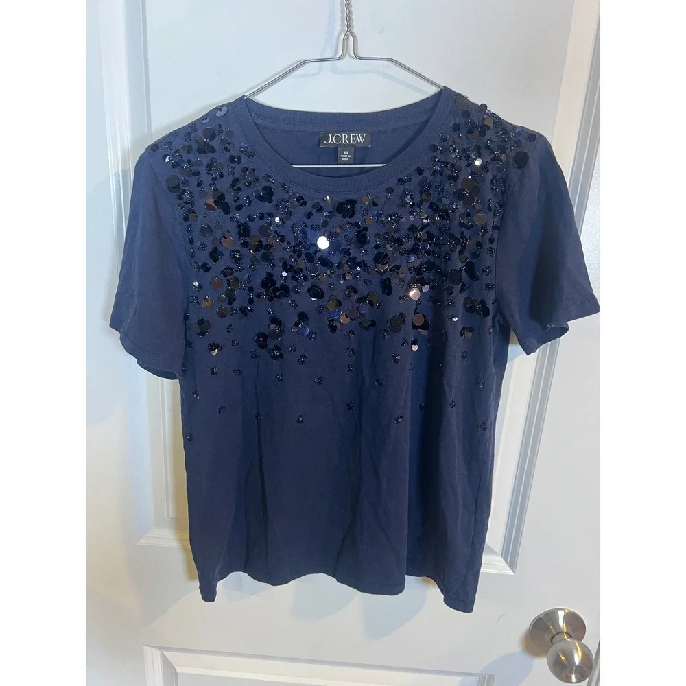 J.Crew Womens T-Shirt‎ Sequin Embellished Navy Blue XS